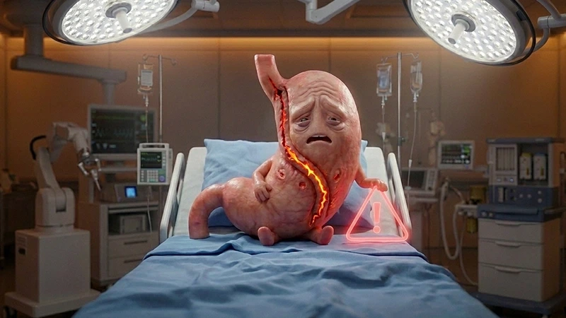 Gastric sleeve surgery procedure showing reduction of stomach size using laparoscopic technique