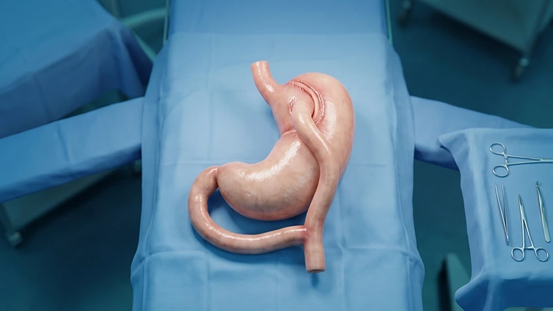 Gastric sleeve surgery procedure showing reduction of stomach size using laparoscopic technique