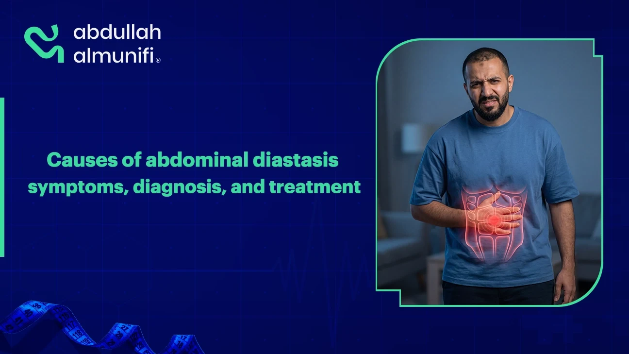 Abdominal muscle separation (diastasis recti) showing weakened core muscles and abdominal bulge