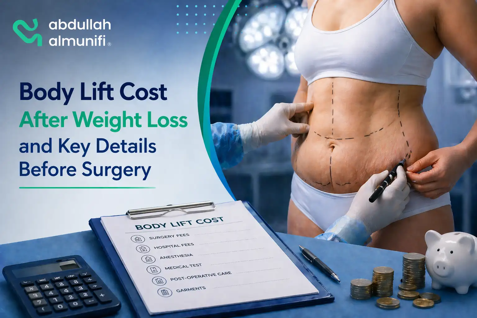 Body contouring surgery after massive weight loss showing removal of excess skin